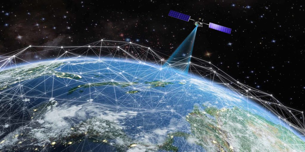Communications satellite above a networked globe