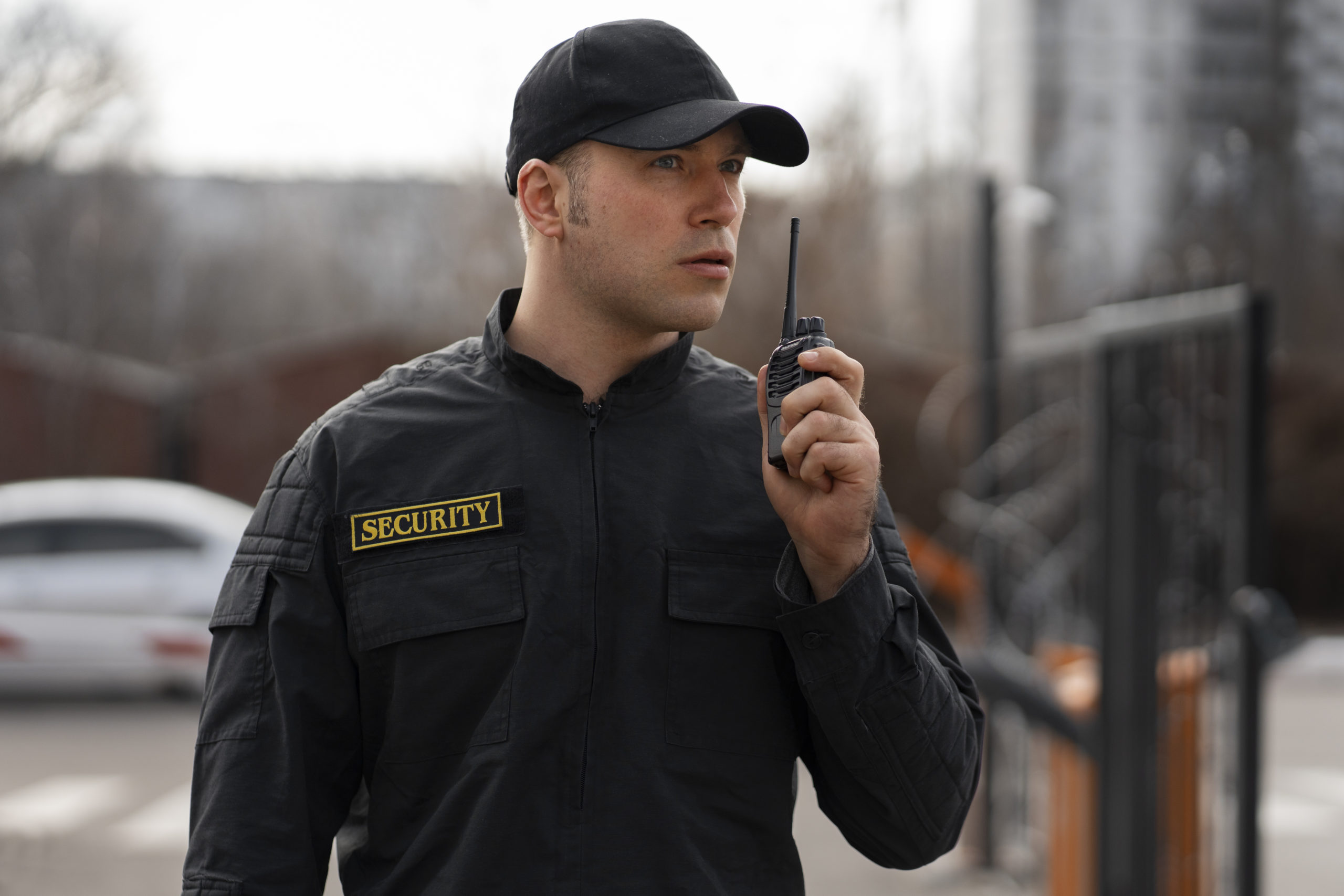 Security guard using a two-way radio
