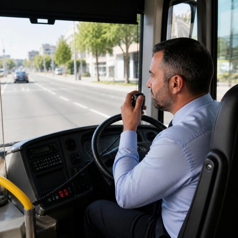 A bus driver using a two-way radio at the wheel