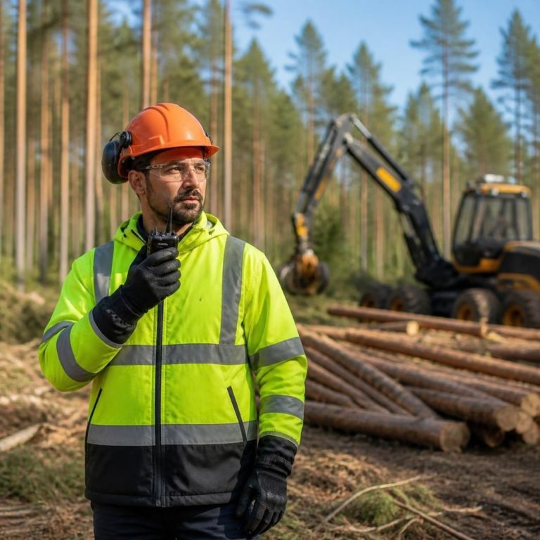 A forestry worker with a radio beside harvesting machinery