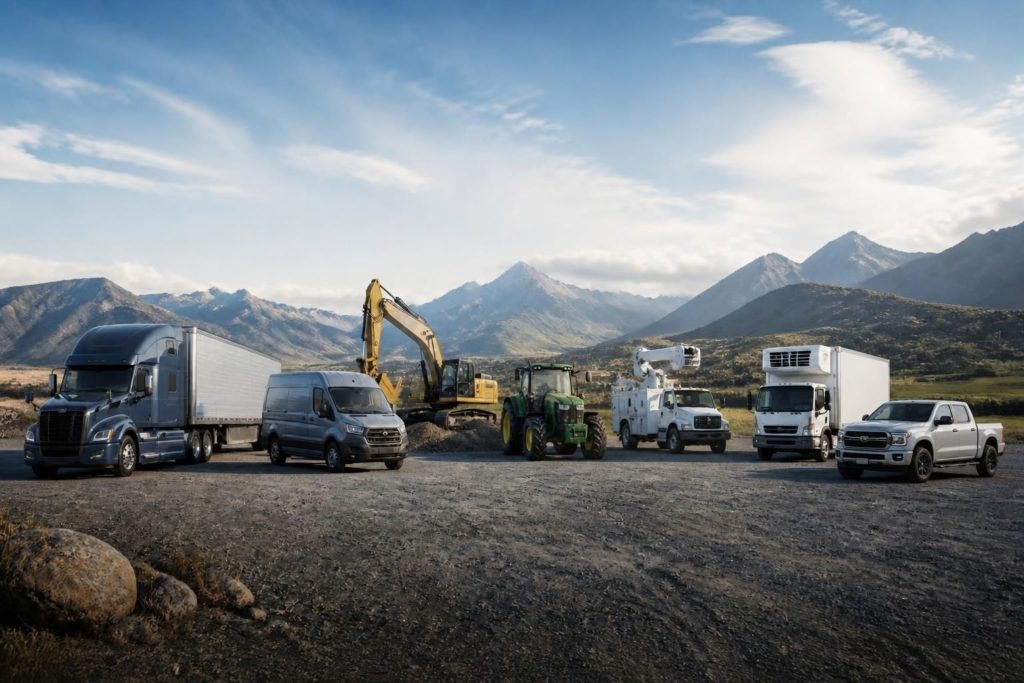 A line-up of fleet vehicles: line-haul truck, service van, excavator, tractor, utility truck and ute
