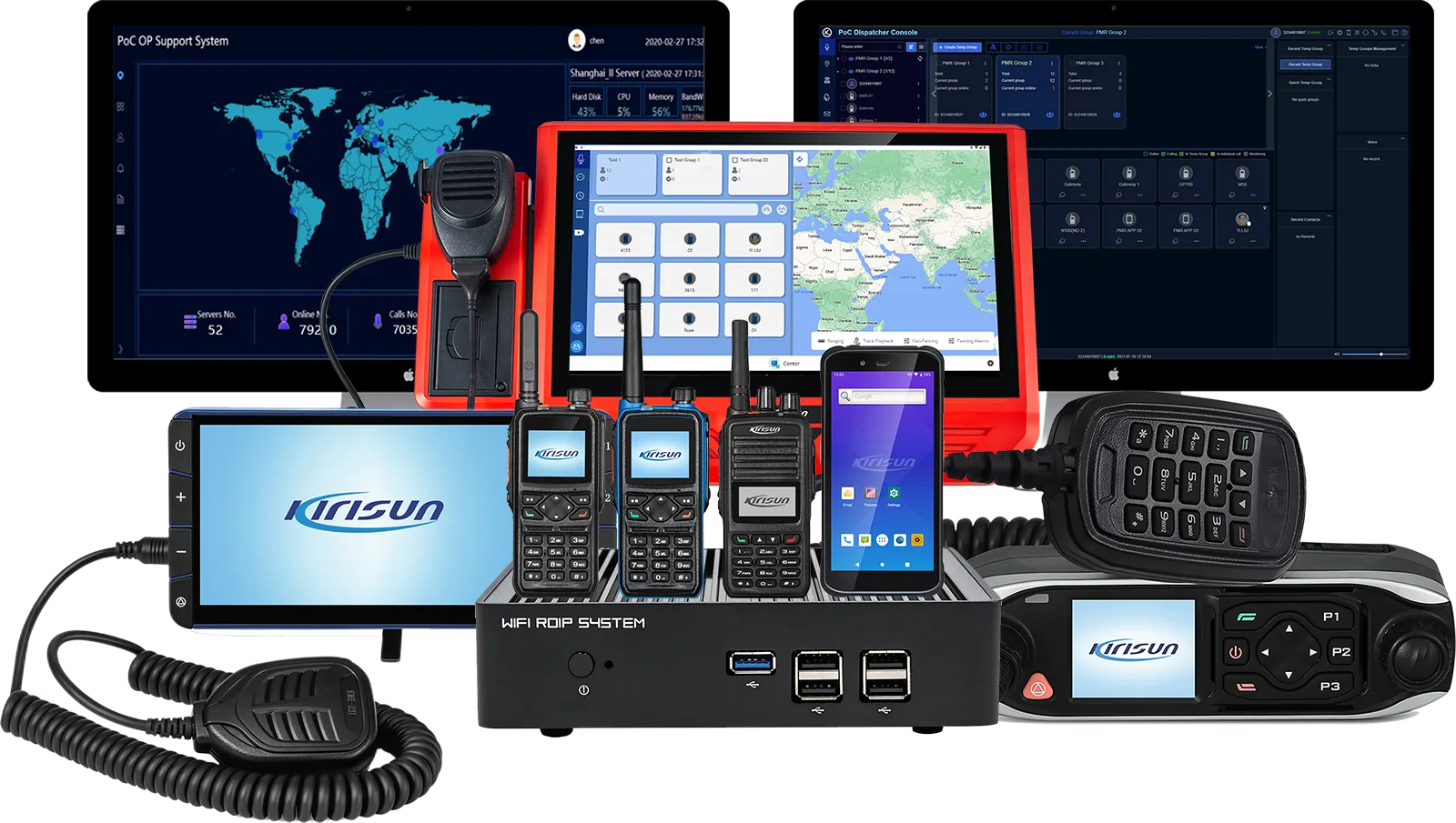 The Kirisun PoC range — handheld radios, a rugged PoC smartphone, in-vehicle mobile radios and the web dispatch console