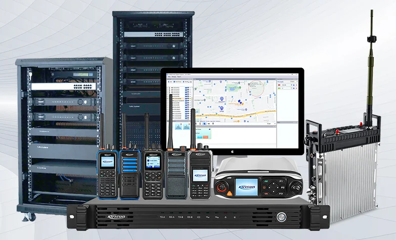Kirisun DMR range — rack-mounted repeaters and network cabinets, the dispatch console, handheld and in-vehicle radios, and a ruggedised base station with whip antenna