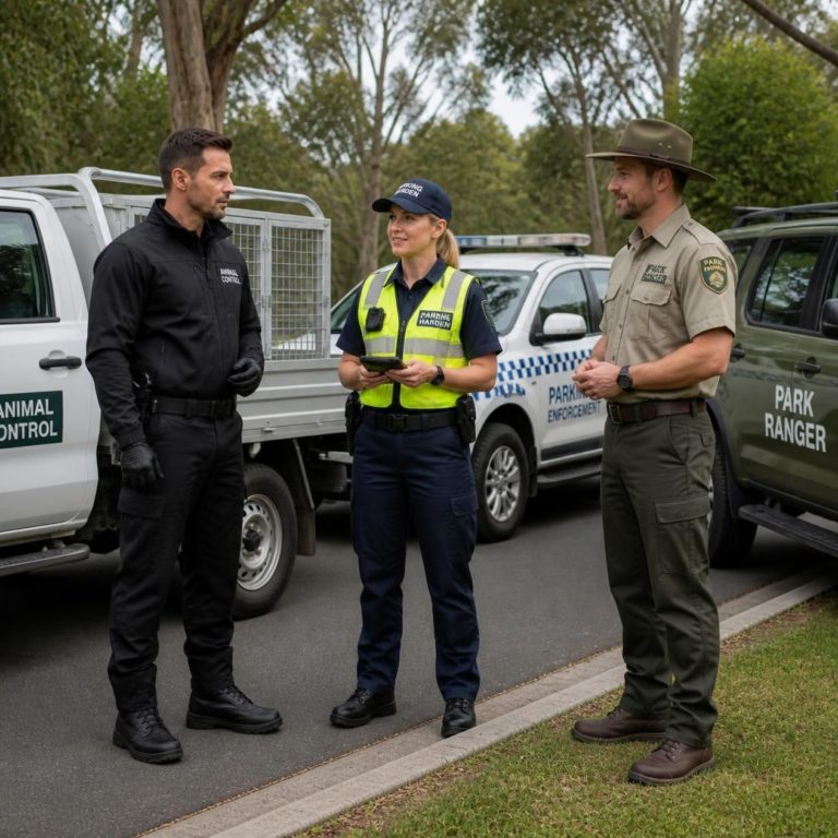 Council and emergency services staff coordinating beside their vehicles