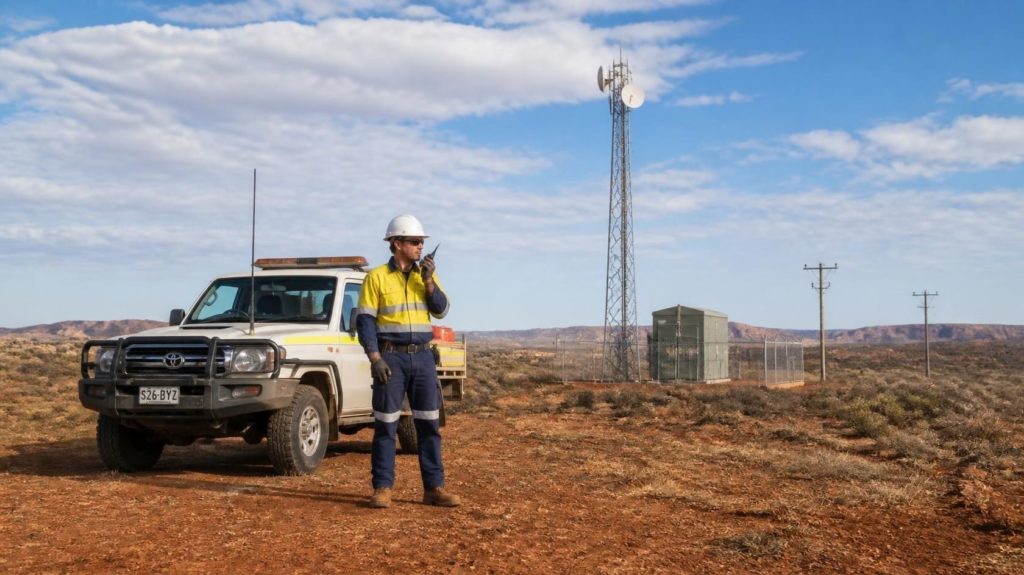 A utility worker on site alone, using a two-way radio
