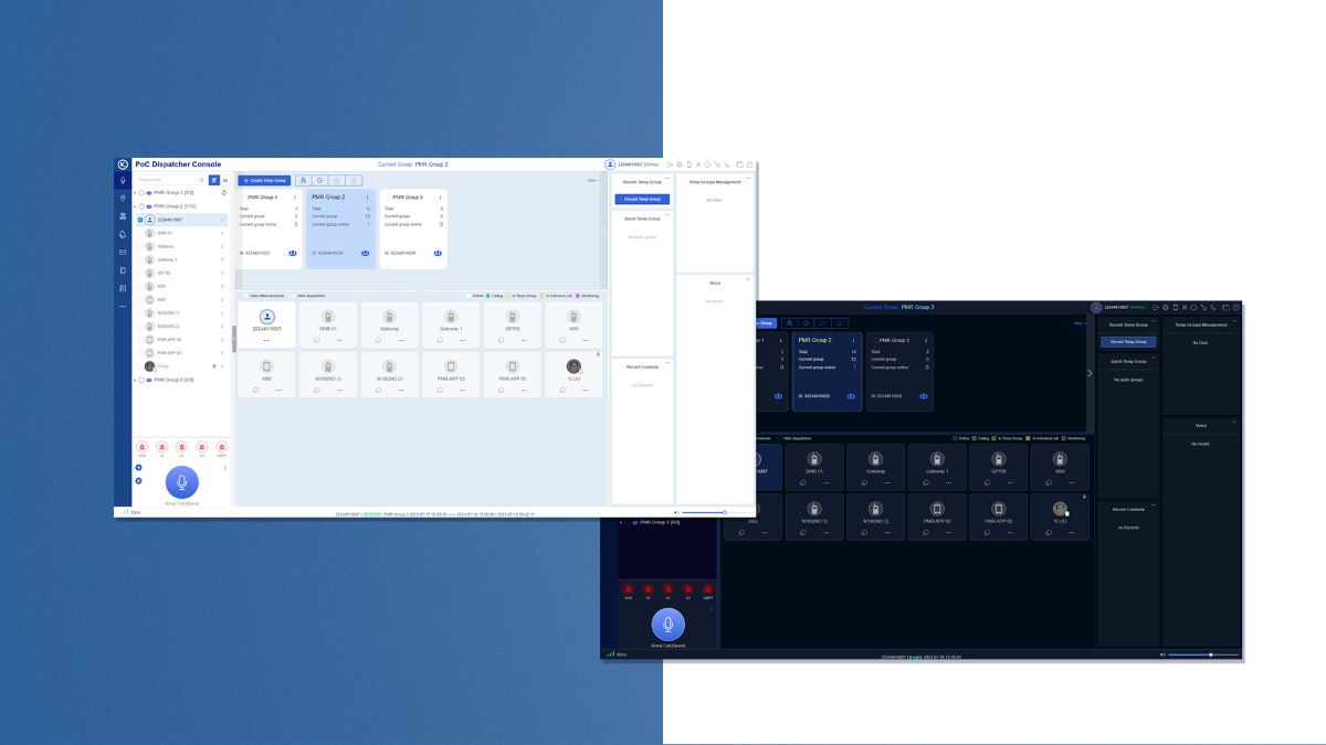 The dispatcher console shown side by side in light theme and dark theme