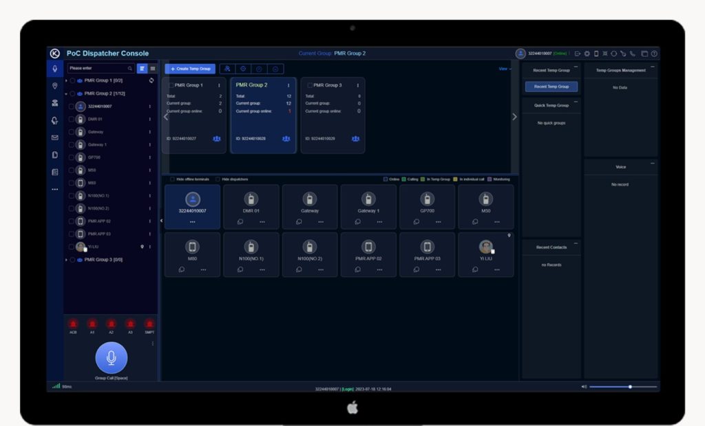 The Kirisun PoC dispatcher console showing talkgroups, connected devices and push-to-talk in one window