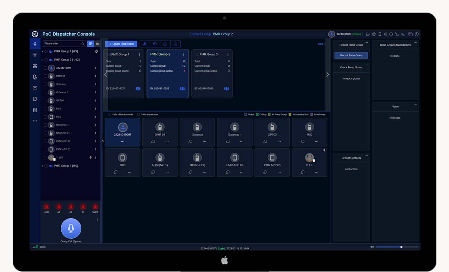 PoC dispatcher console showing talkgroups, a grid of connected radios and a push-to-talk control