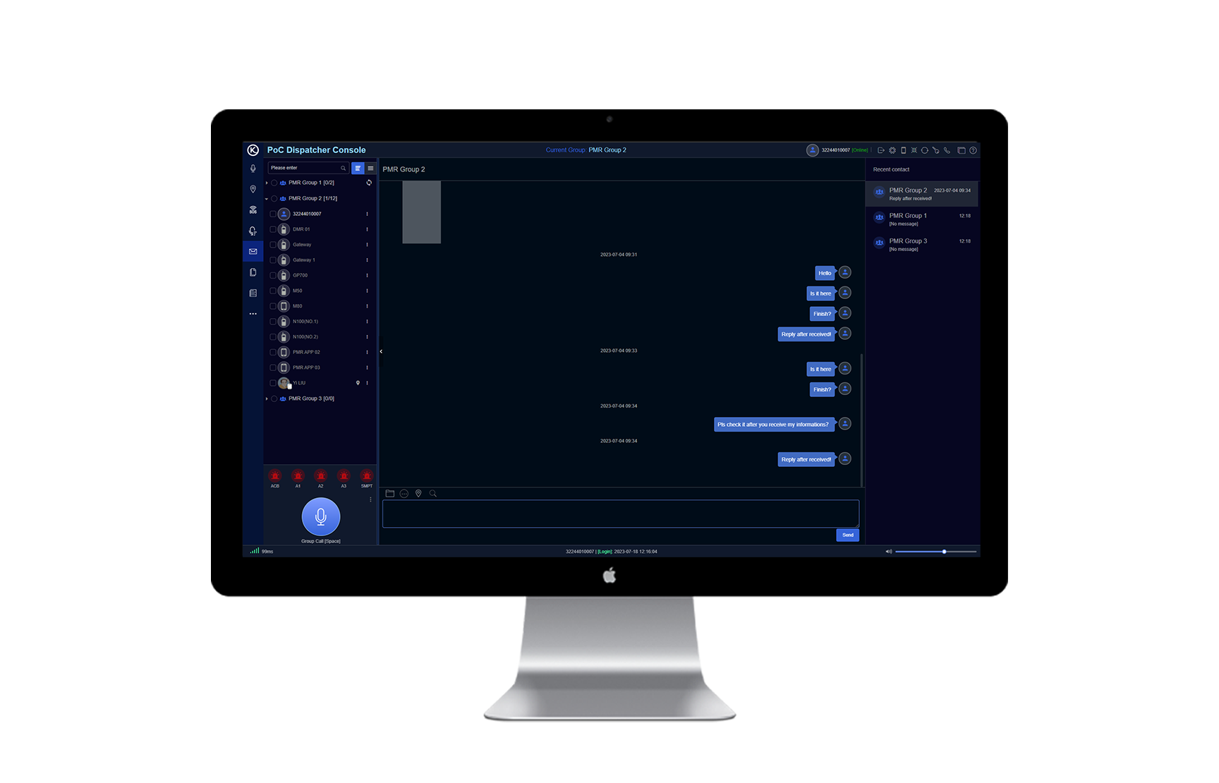 Dispatcher console messaging view with a timestamped conversation thread and recent contacts list