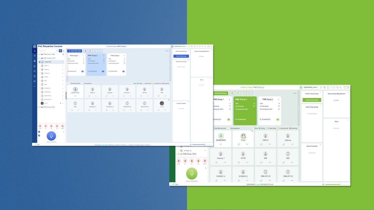 Dispatcher console showing several talkgroup cards with member counts and a grid of connected devices