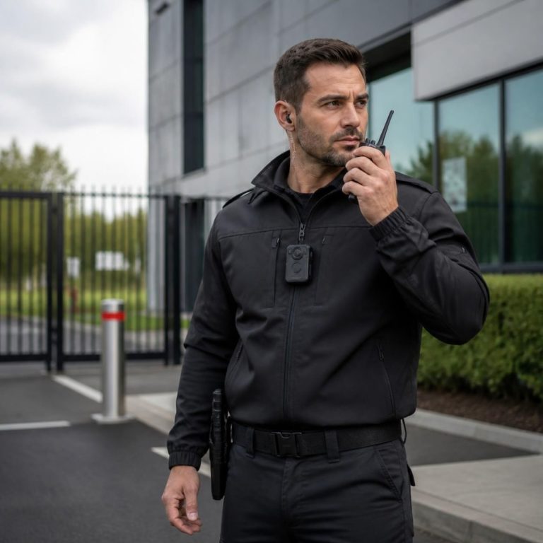 A security officer on patrol using a two-way radio