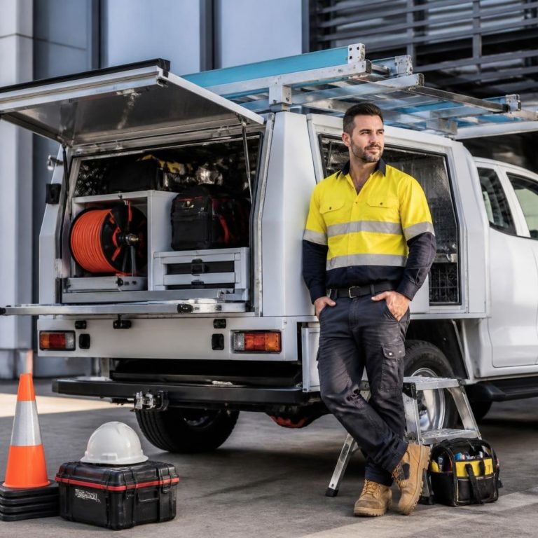 A service technician beside a fitted-out work van