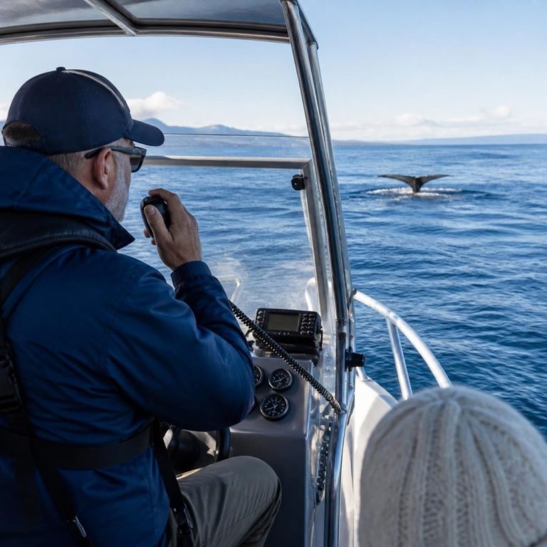 A charter vessel skipper using a radio on the water