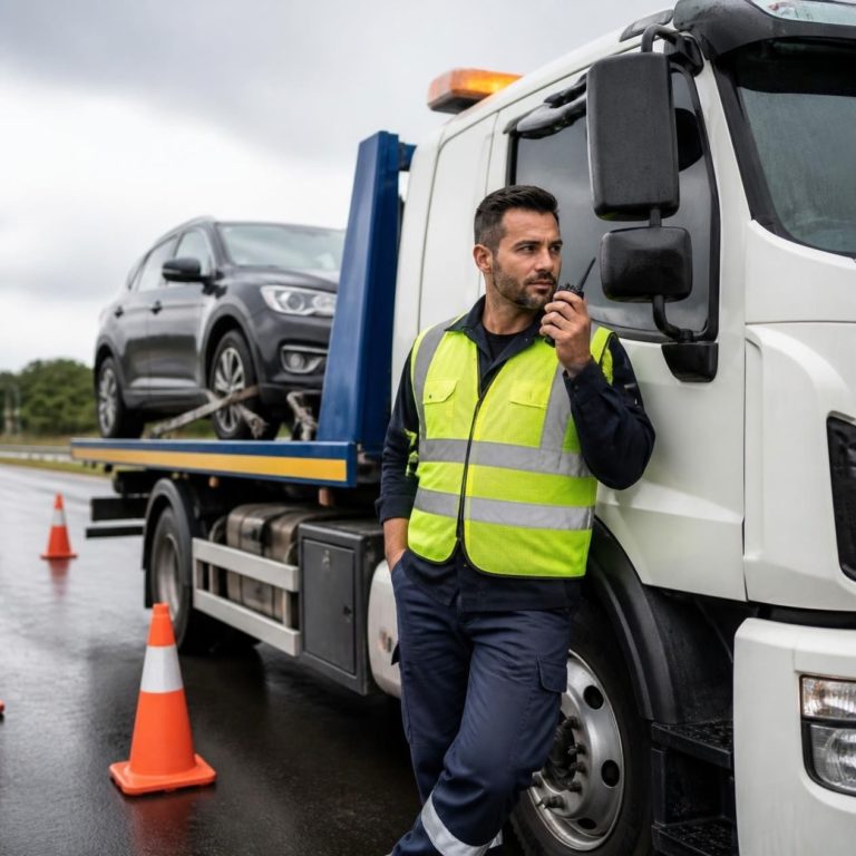 A vehicle loaded on a tow truck deck