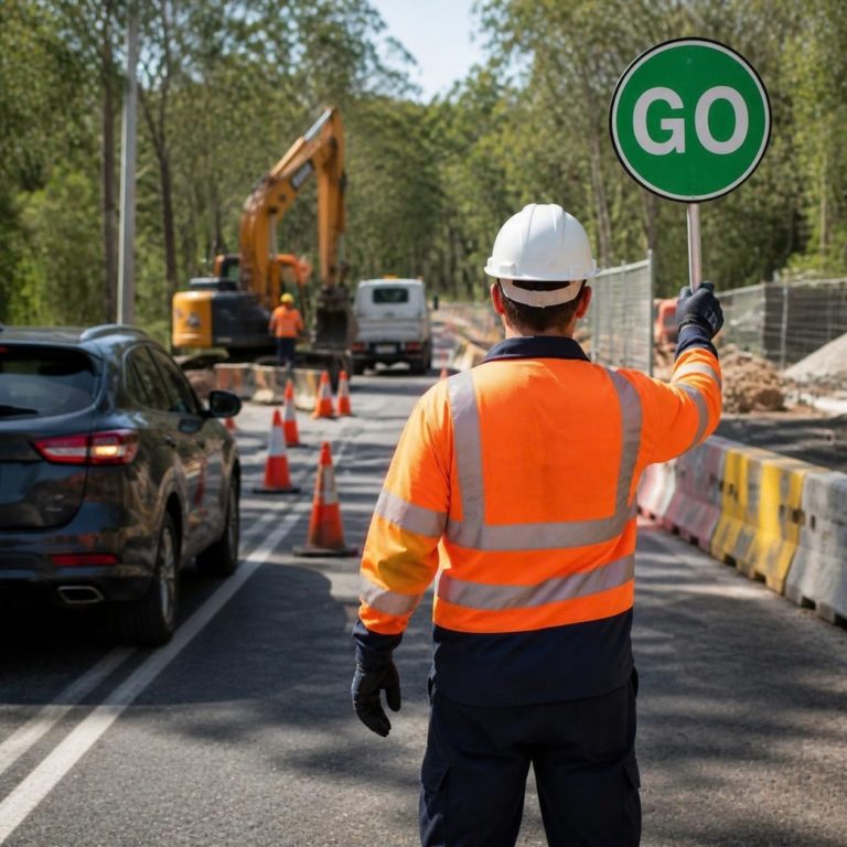 A traffic controller working a coned worksite with a radio
