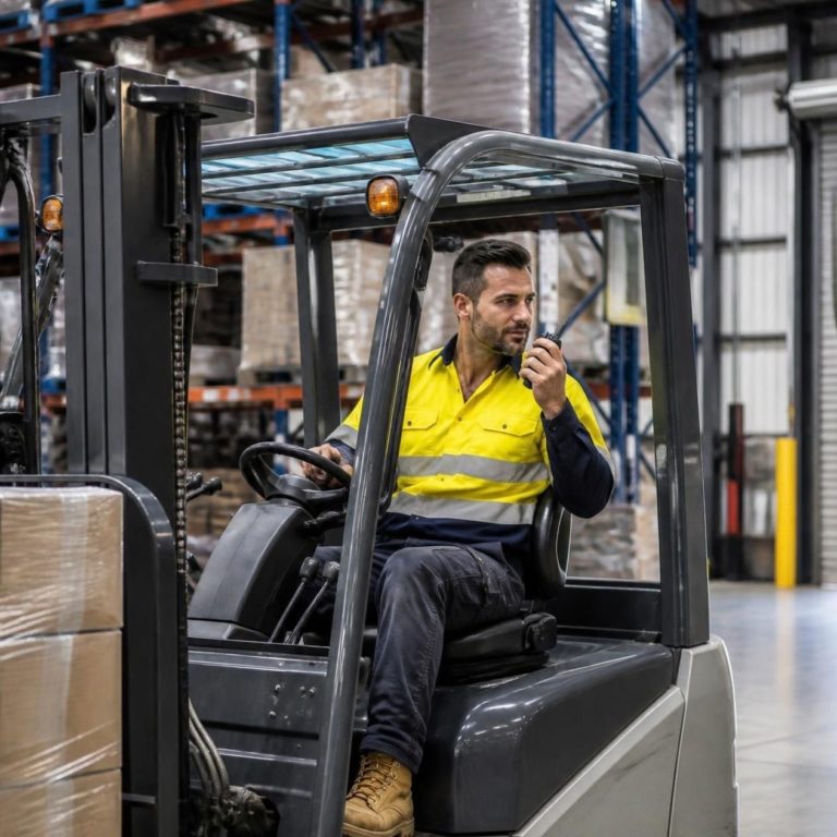 A forklift operator using a two-way radio inside a warehouse