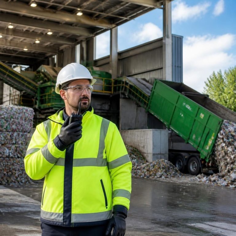 A worker in high-visibility gear at a recycling facility