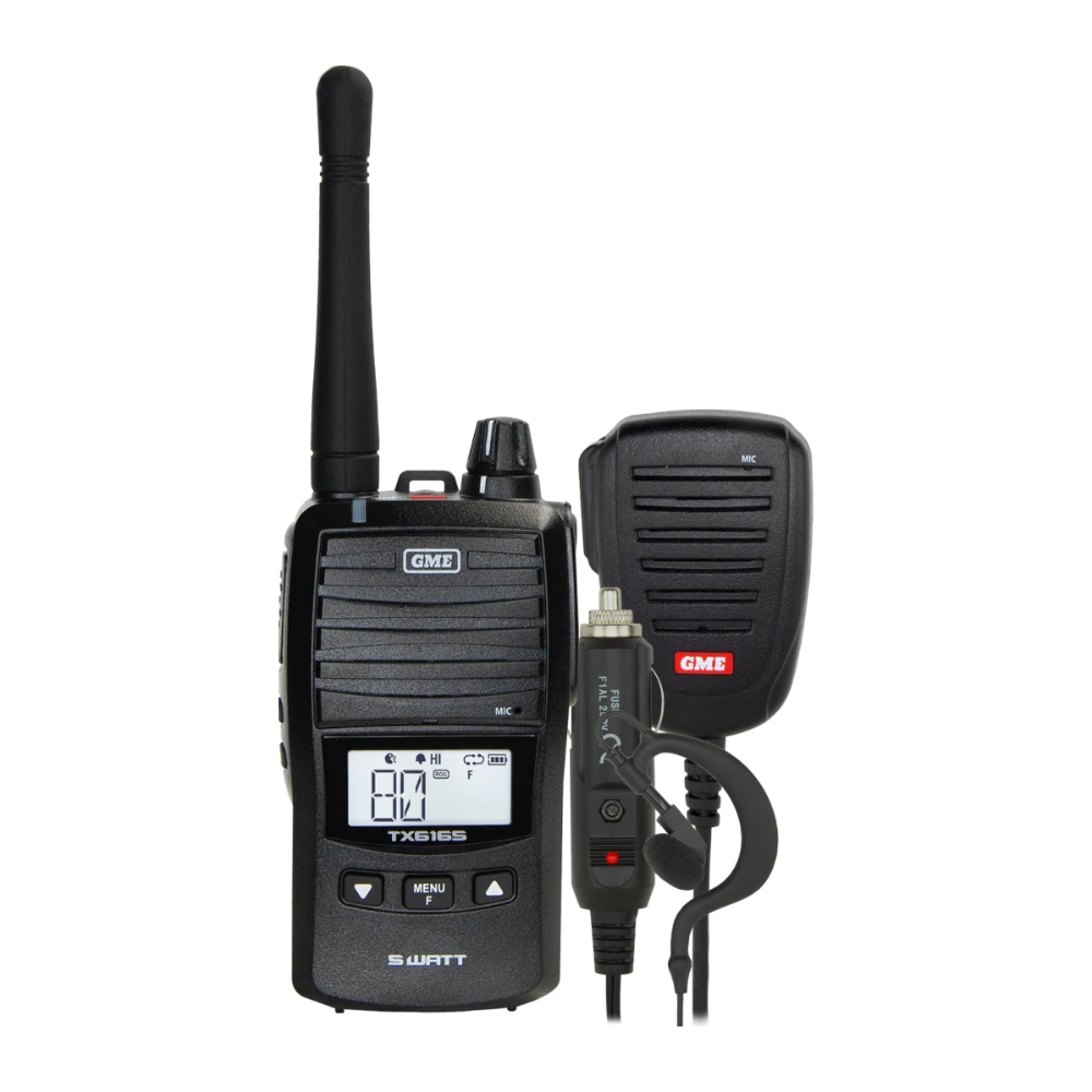 GME TX6165 UHF CB handheld with speaker microphone, earpiece and car charger