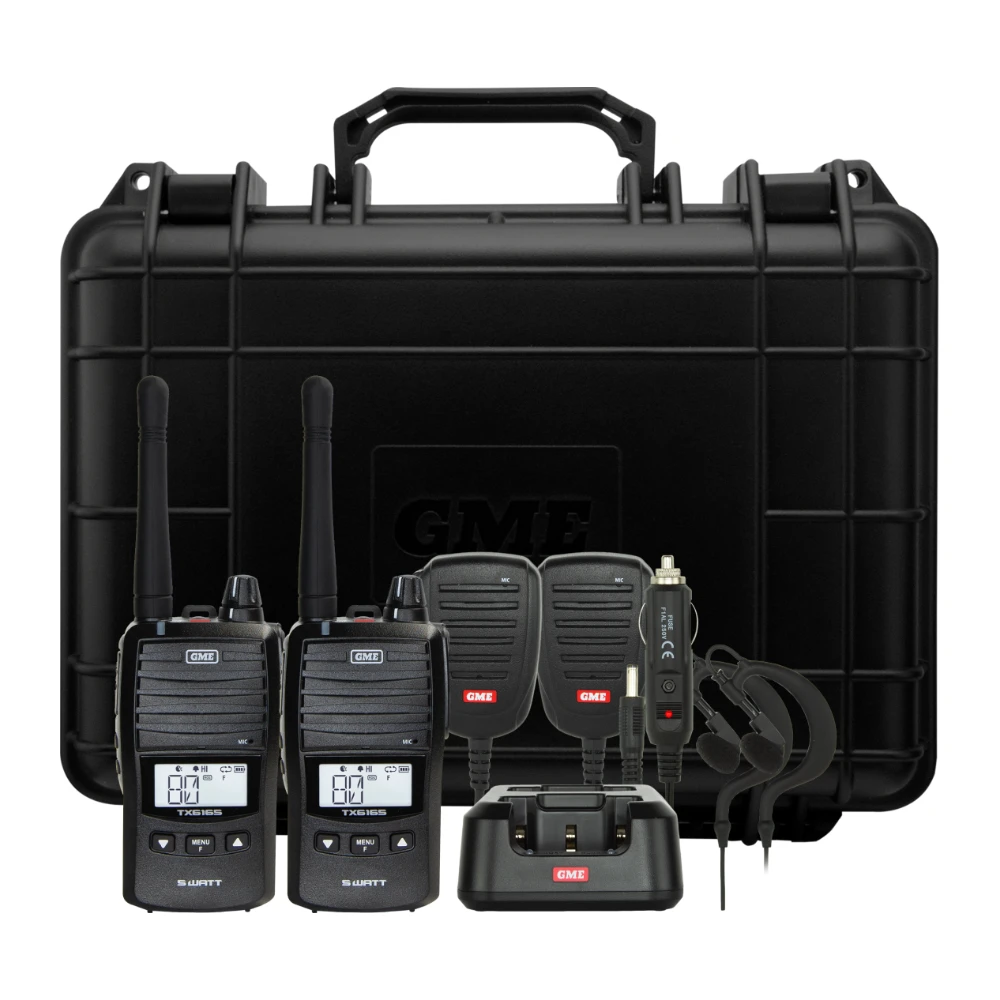 GME TX6165TP UHF CB handheld twin pack with carry case and accessories