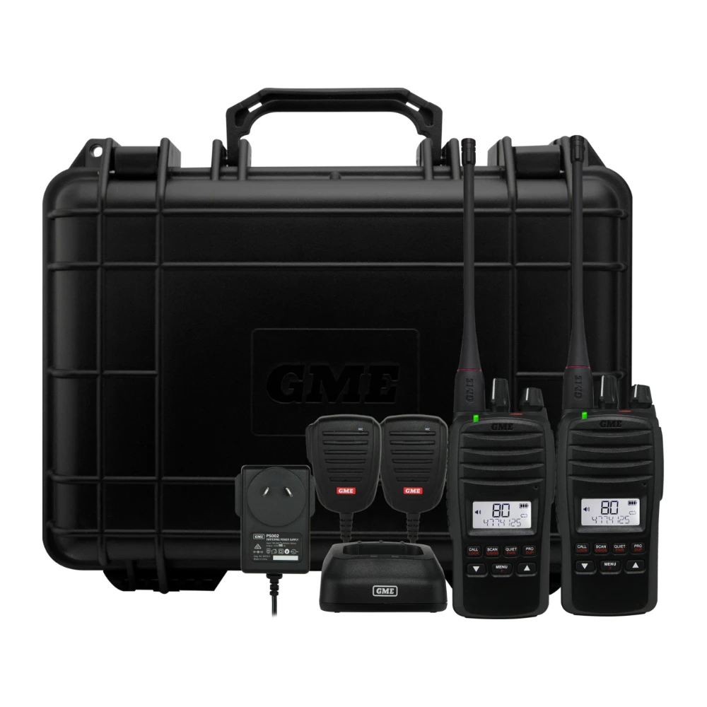 GME TX6600STP UHF CB handheld twin pack with carry case, speaker mics and charger