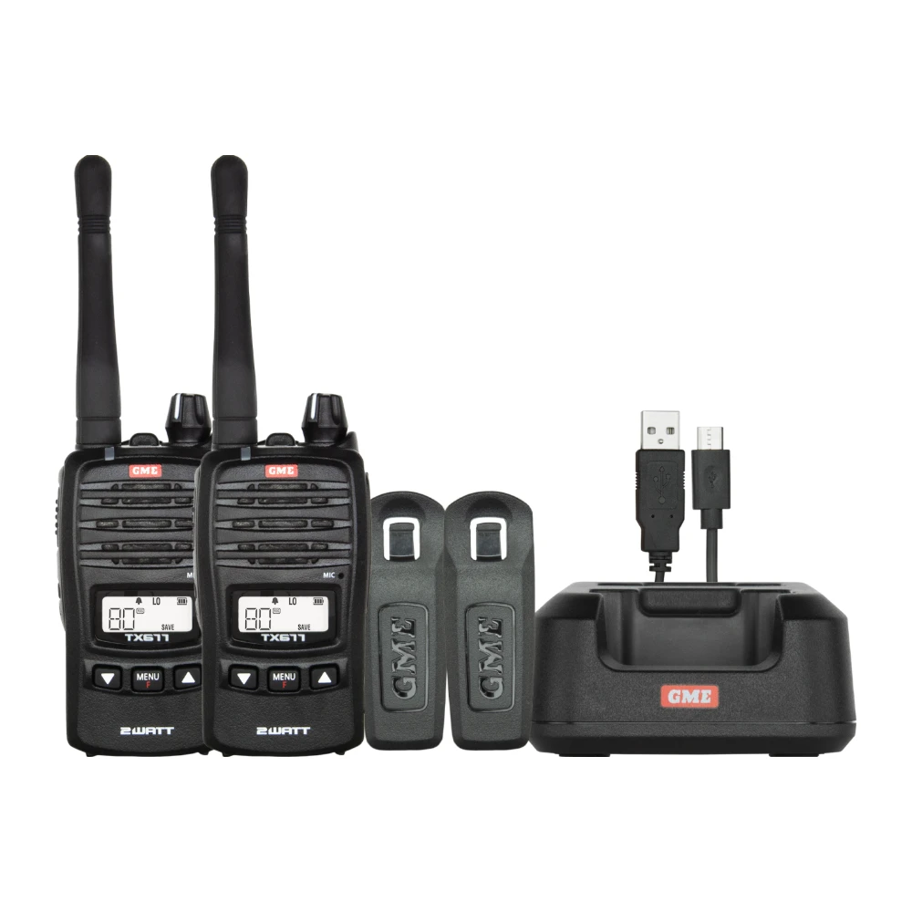 GME TX677TP 2 W UHF CB handheld twin pack with charger and belt clips