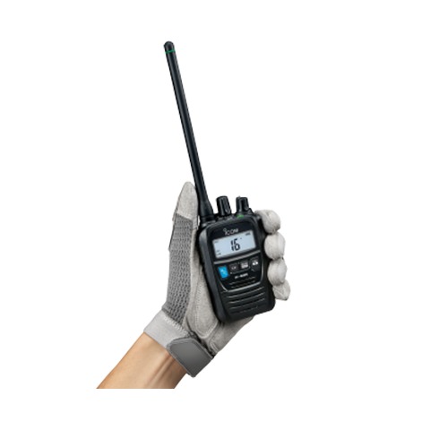 Icom IC-M85E VHF marine radio in gloved hand