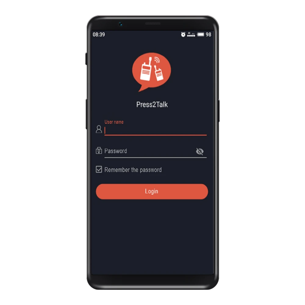 Press2Talk push-to-talk over cellular smartphone app login screen