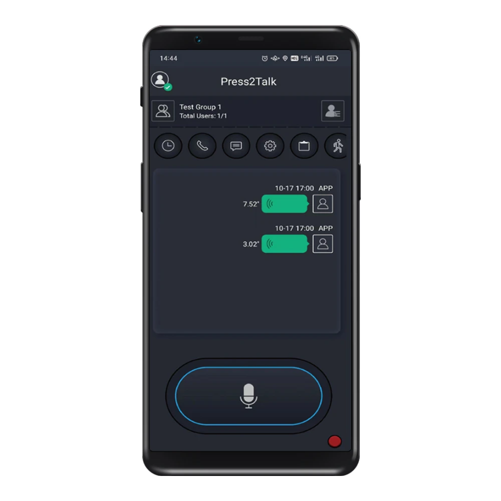 Press2Talk PoC app talkgroup and PTT screen
