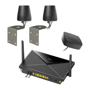 Signals vehicle Wi-Fi enterprise tier kit: Cudy 5G dual-SIM router, two external cellular antennas with brackets and an external Wi-Fi antenna