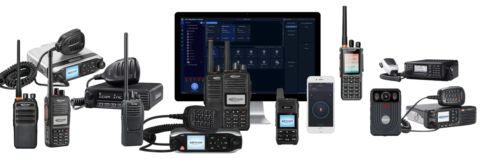 Signals two-way radio and push-to-talk over cellular range: Kirisun and Icom portable and mobile radios, a PoC dispatcher console, PTT smartphone app and a body-worn camera